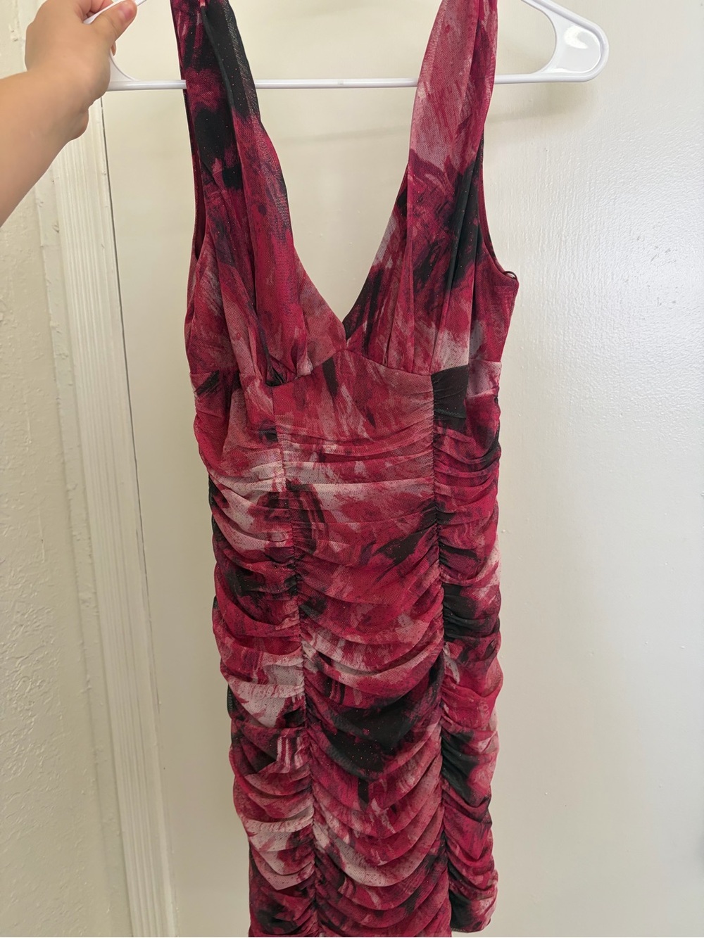 Sleeveless Ruched V-Neck Dress in Red Floral